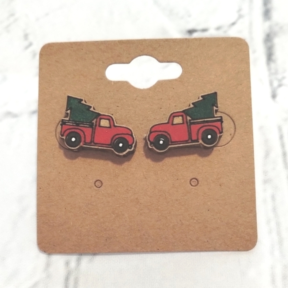 Handmade Wood Red Truck Earrings Christmas tree Red Green